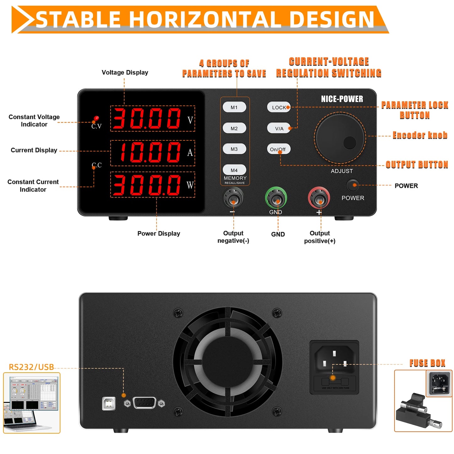 NICE-POWER DC Lab Power Supply 30V 10A 5A Adjustable Power Source For Phone Repairing RS232 USB PC Software Control Data Memory.