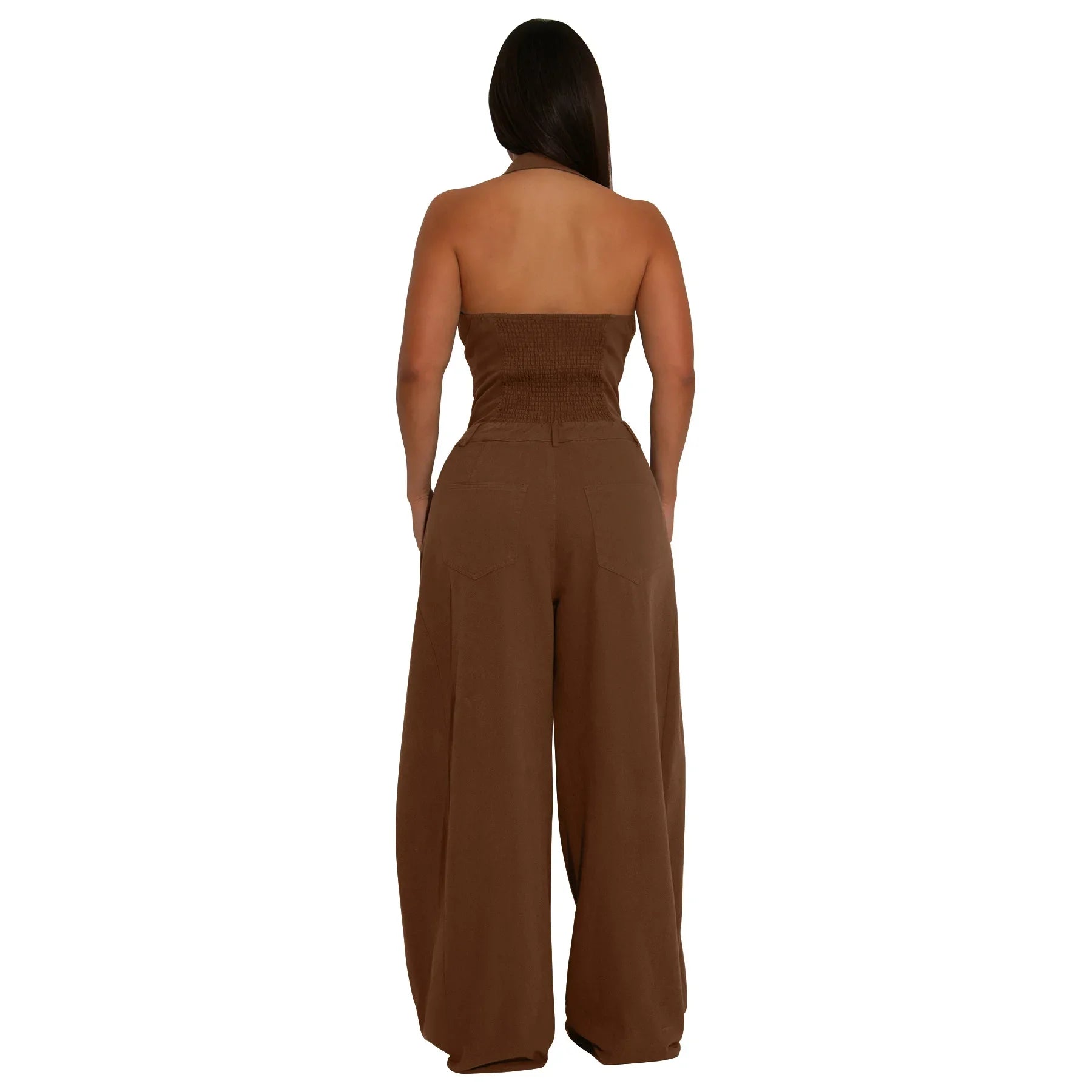 Fashionable Backless Casual Romper with Pockets for Women Summer Breathable Lightweight Solid Color One-Piece Suit.
