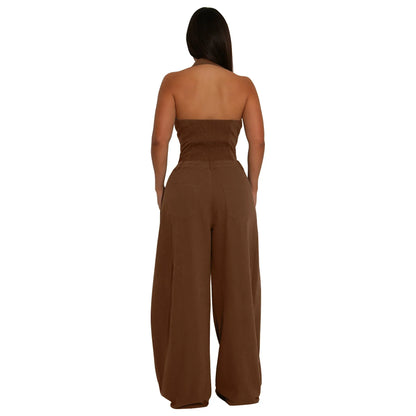 Fashionable Backless Casual Romper with Pockets for Women Summer Breathable Lightweight Solid Color One-Piece Suit.