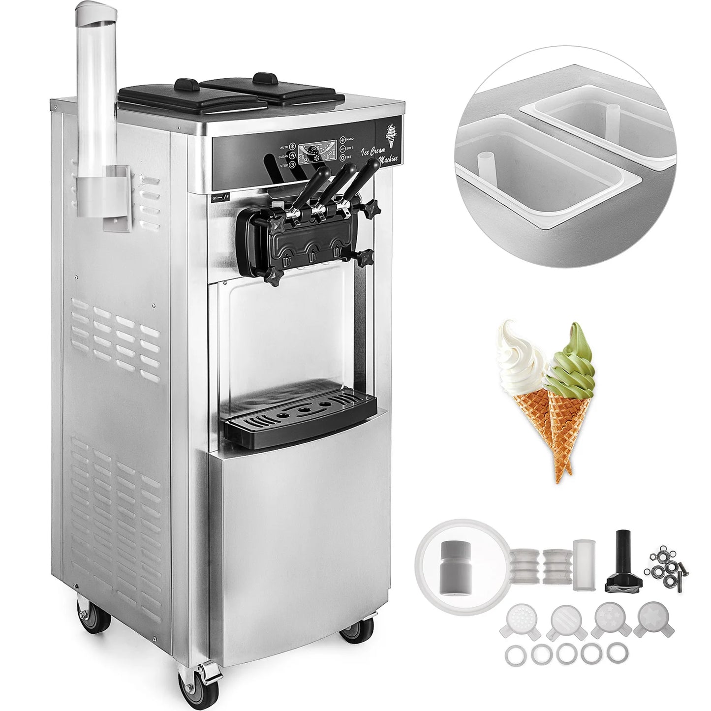 VEVOR Commercial Soft Ice Cream Machine,2200W 3 Flavors Ice Cream Maker,5.3 to 7.4 Gal per/H Auto Clean LCD Panel for Restaurant.