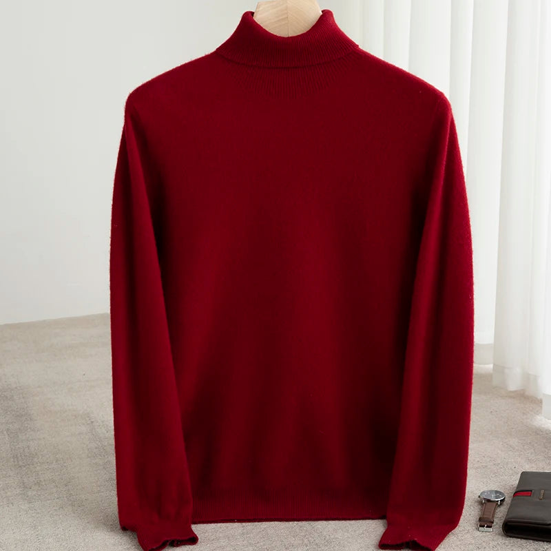 Men 100% Merino Wool Sweater Turtleneck Knitted Pullover Cashmere Warm Solid Color Clothes Business Bottoming Tops Autumn Winter.