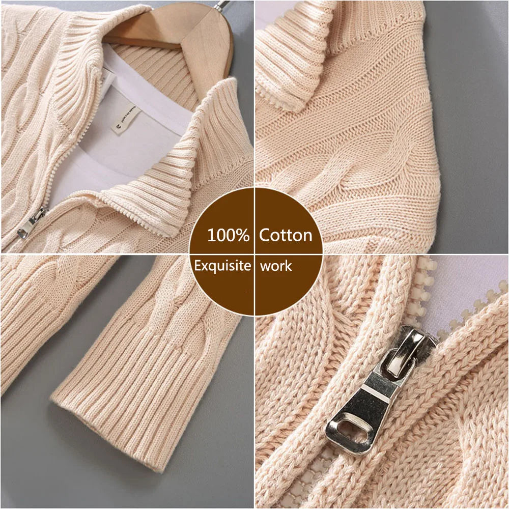 pure Cotton Sweaters Men's High Quality Autumn Cable Knit Christmas Sweater With Zipper Turtleneck Pullovers Zipper Pull Homme.