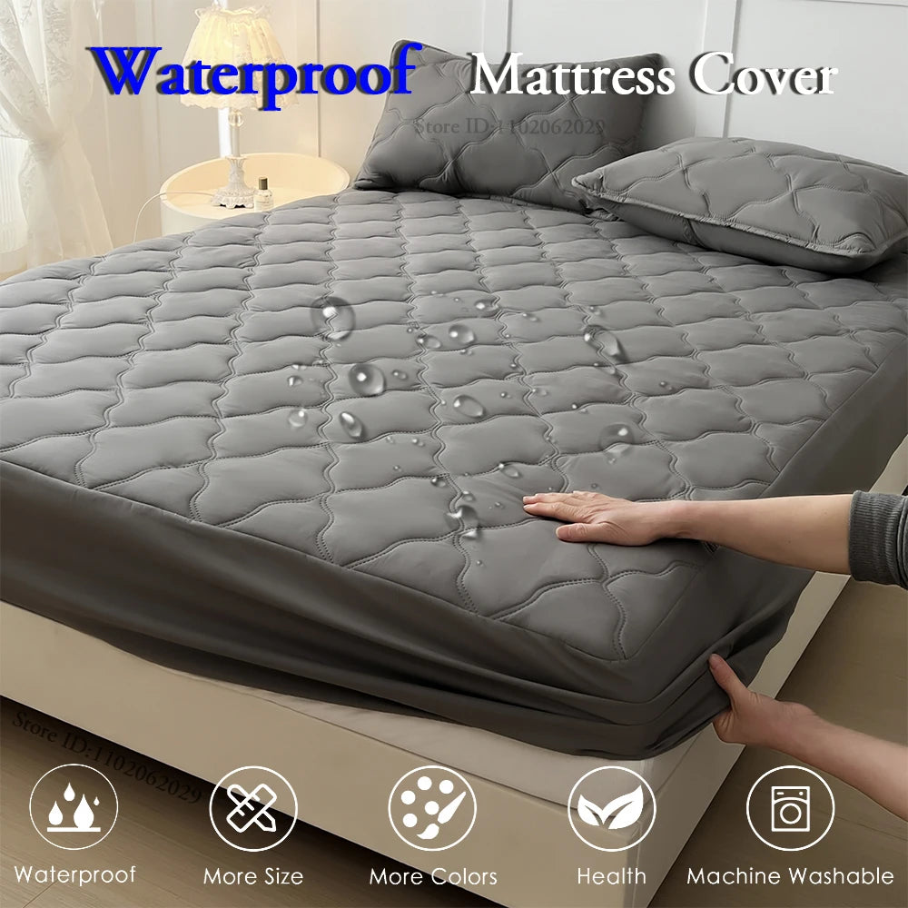 Waterproof Throw Mattress Cover Bed Fitted Sheet Mattress Bedspread Protector Pads Single/Double/King/Queen Full Size Gray/White.