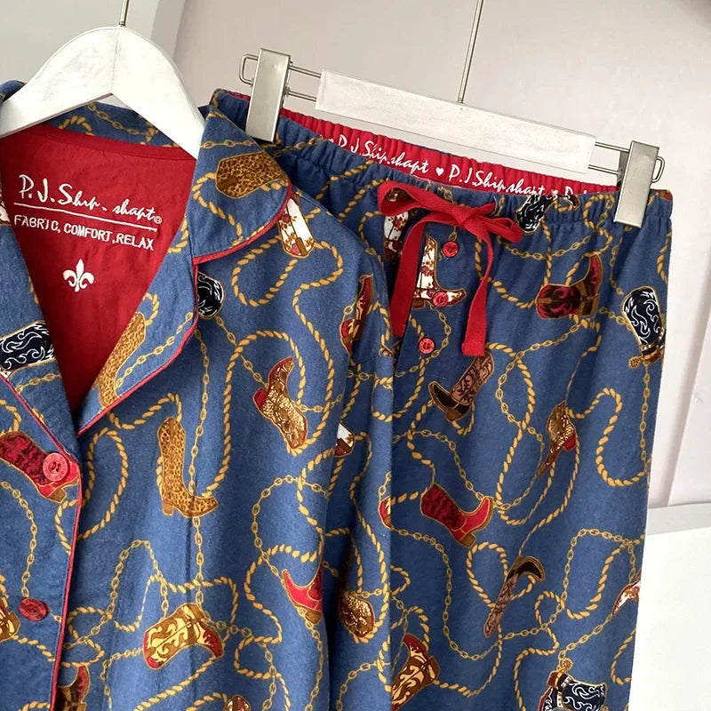 2025 New Pajamas Suit Cotton 2 Piece Set Women Print Cartoon Nightwear Long Sleeve Trousers Set Autumn Loungewear Home Clothes.