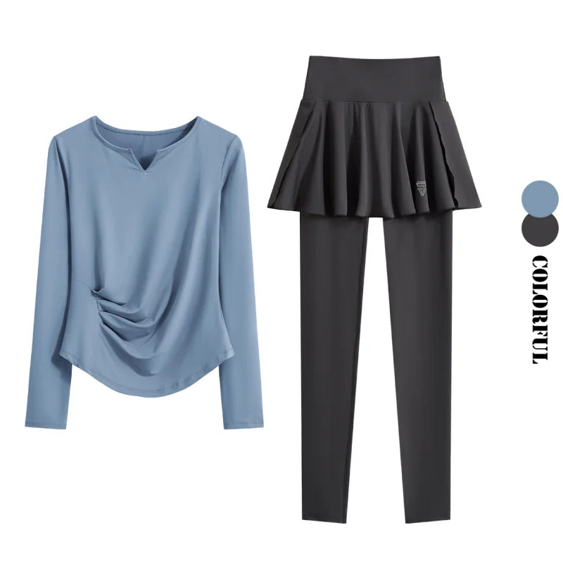 DRUR Autumn Yoga Set 2 Piece Sportswear Outfit Women Long Sleeve Workout Top High Waist Leggings Suit Tennis Sets 2pcs Tracksuit