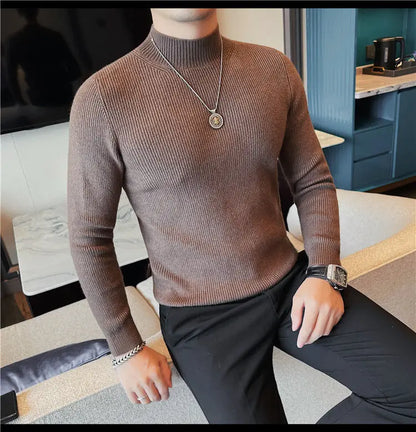 Half Turtleneck Sweater Men with Striped Wool in Autumn Winter Thickened Slightly Loose Base Knitted