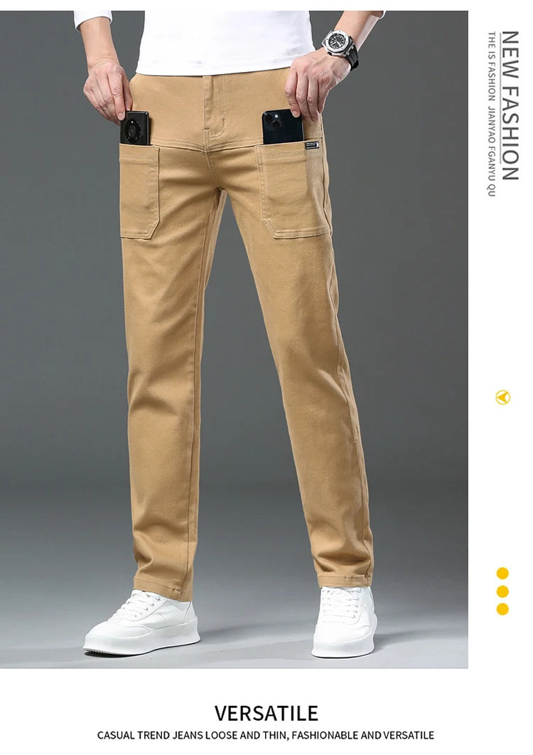 Spring and Autumn Men's Multi-Pocket Design Jeans Fashionable and Versatile White Khaki Red Comfortable Stretch Denim Pants.