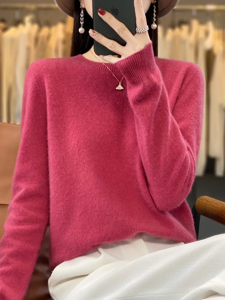 100% Merino Wool Sweater Women O-neck Cashmere Knitwear Female Pullover Autumn Winter Casual Tops Solid Color Soft  Clothing