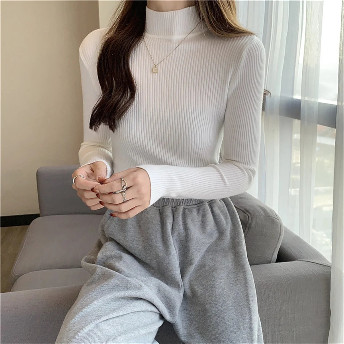 Mode Mock Neck Gestrickte Pullover Frauen Herbst Winter Neue Feste Vintage Grundlegende Tops Koreanische Dünne Rippen Pullover Casual Innere Top.