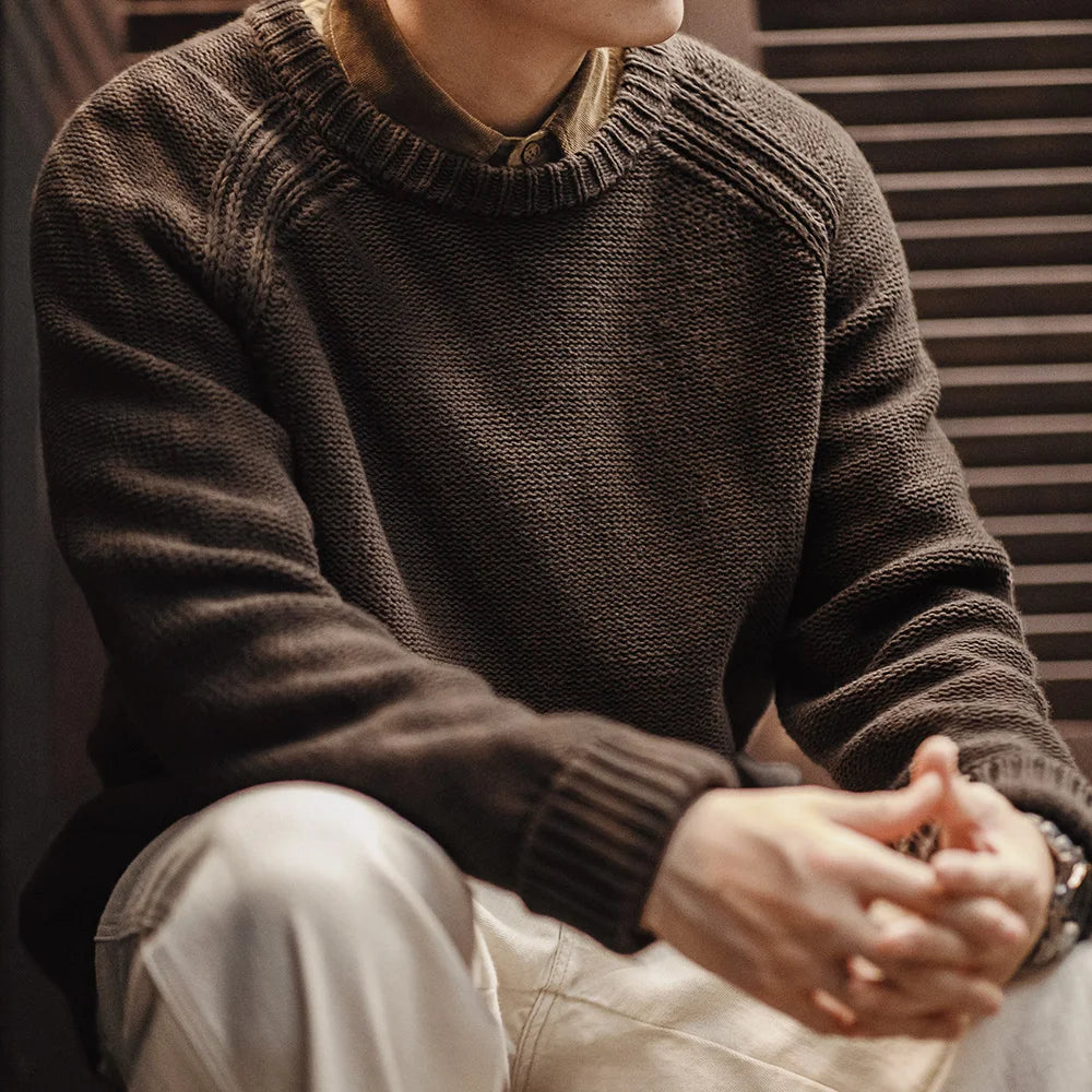 Maden New Vintage Heavyweight Knitted Crew-neck Sweater Brown Warm Pullover Men's Versatile Top for Autumn and Winter Knitwear.
