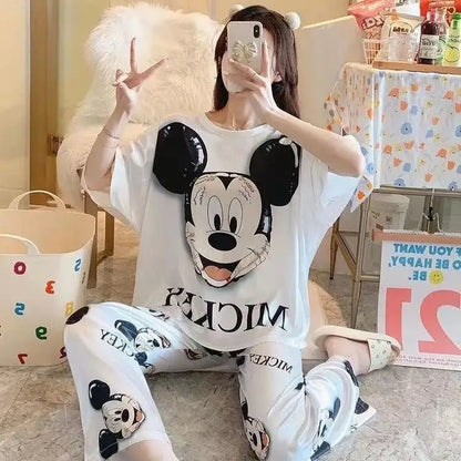 Sommer Pooh Bär Nachtwäsche frauen Lose Bequeme Cartoon Print Hause Kleidung Set Kurzarm Nachthemd Mickey Pyjama Set