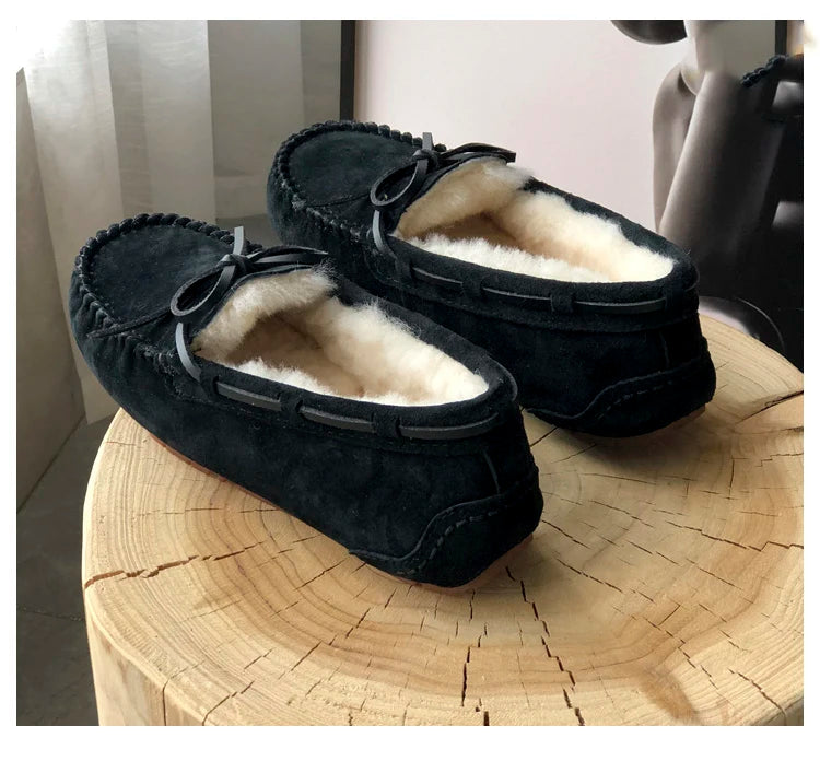 New 100% Natural Wool Genuine Leather Women Flat Winter shoes Women Moccasins Casual Loafers Plus Size Winter shoes.