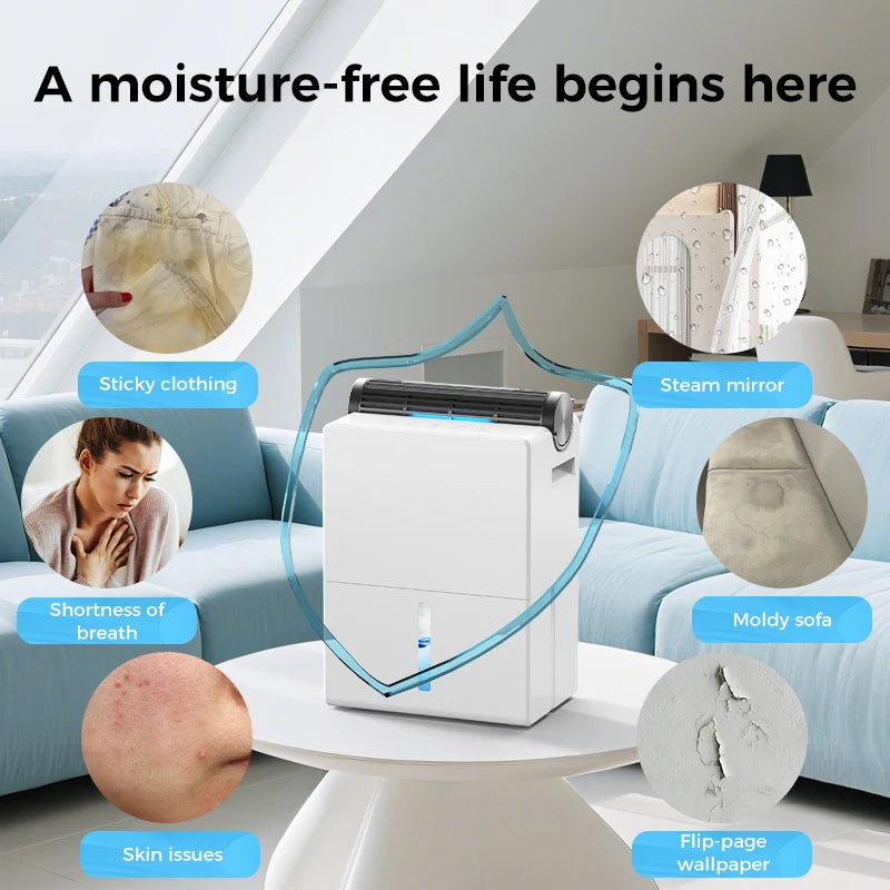 Dehumidifier for Bedroom 2000 ml, Double Hold Design, Drying Mode, Sleep Mode 30 dB, Automatic Defrost Function 24h Timer.