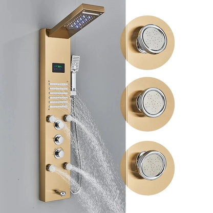 Golden Shower Panel LED Light Bathroom Bath Shower Column Tower Digital Screen Waterfall Rain shower Mixers Rotate Massage Jets