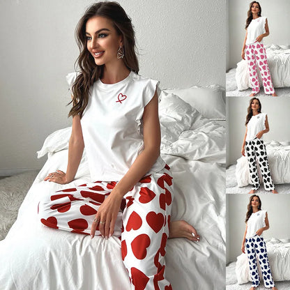 2024 White T-Shirt Women's Pajama Set Sexy Fly Sleeve Vest Pants Sleepwear Heart Print Casual Pyjamas Loungewear Spring 2-piece.