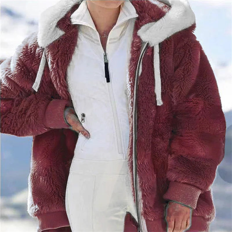 Women Winter Warm Faux Fur Jacket Plush Coat New Casual Hooded Fashion Zipper Soft Fleece Cashmere Jackets Female Thick Clothing.