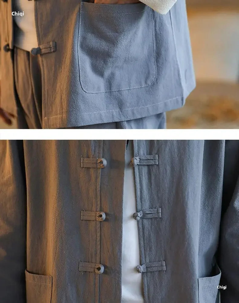 Traditional Chinese Men's Tang Suit Cotton Linen Ancient Costume Tea Servant Zen Meditation Clothing Middle Mountain Hanfu.