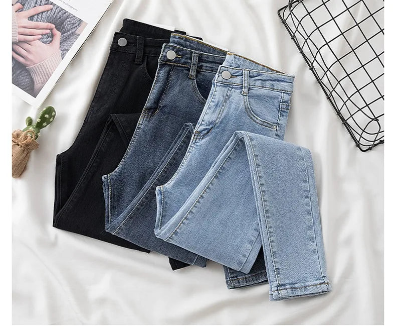 High-Waisted Slimming Jeans Women's Spring Summer New Style Outerwear Tight Fitting Elastic Waistline Legging Shoes.