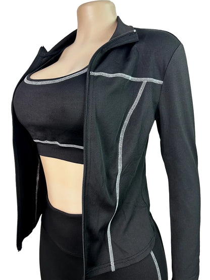 Weird Puss Casual 3 Piece Set Women Tracksuit Elastic Vest+Zip Jacket+Leggings Matching Street Sporty Fitness Street Shapewear.