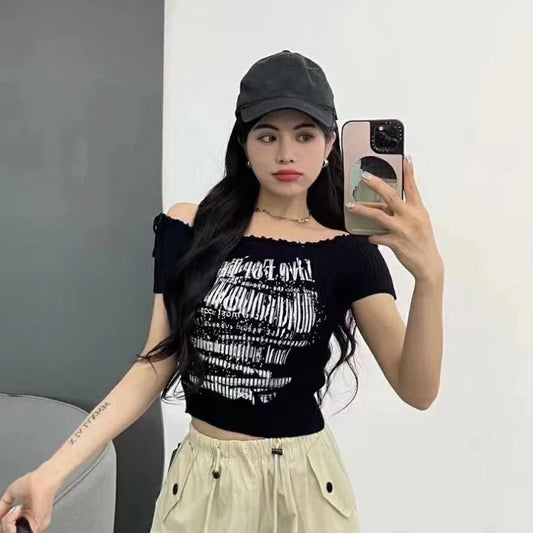 Summer Fashion Slim Fit One Shoulder Sexy Knot Elastic Red T-Shirt For Women.