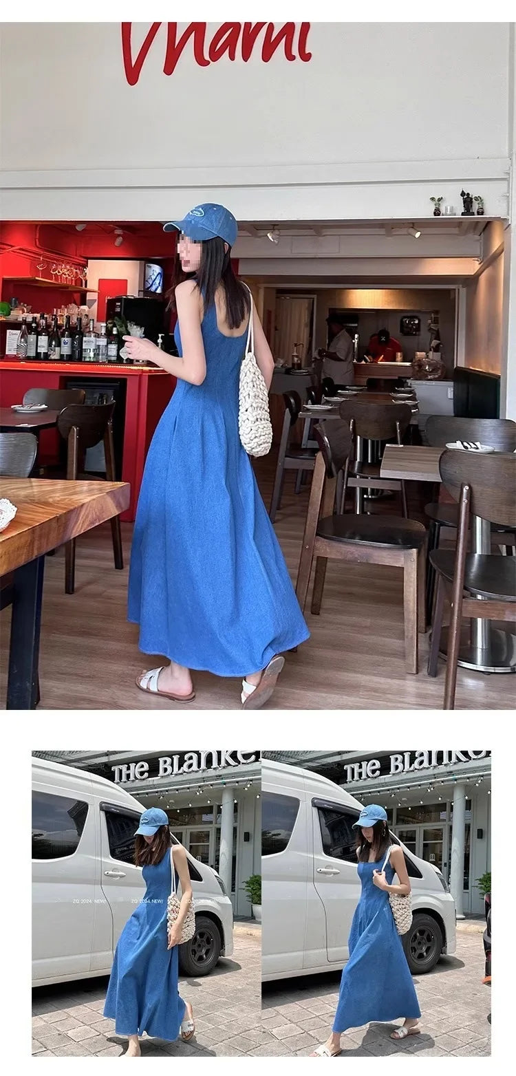 Blue Mist Love Französisches Jeanskleid für Damen, Sommer, einzigartiges Design, Taille, Cinching-Riemen, langes Kleid, elegante blaue Polyesterfaser