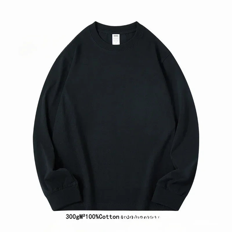 Spring Autumn 300g Heavy-duty Pure Cotton Long Sleeved  T-shirt FLoose White Top Thick Base Layer Underneath for Men and Women