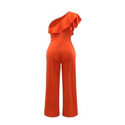Ruffle One Shoulder Jumpsuit, Elegant Solid jumpsuit For Spring &Summer, women's Clothing.