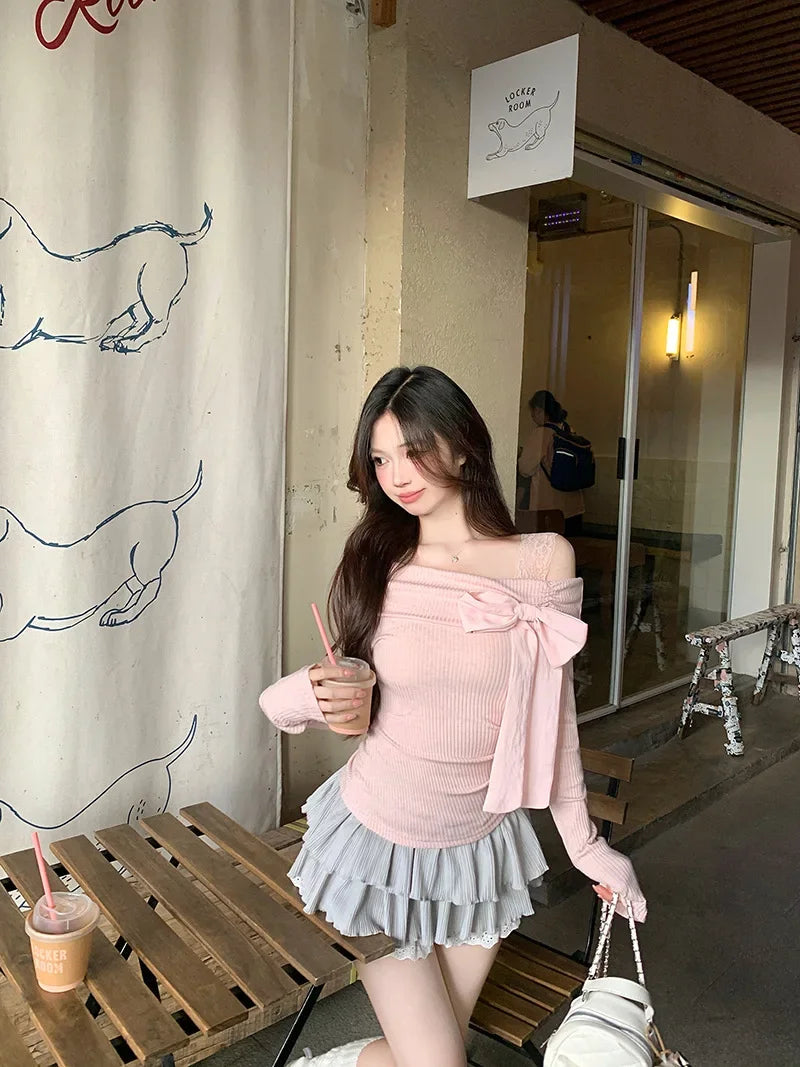 Morning Collar French Style One Shoulder Butterfly Knot Long Sleeve T-Shirt Women's Autumn Winter Slim Fit Inner Wear Top.