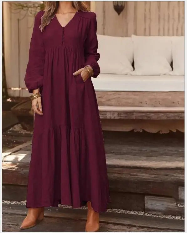 Baumwolle Und Leinen Vintage Stil Langes Kleid Für Frauen Casual V-ausschnitt Langarm Lose Maxi Kleider Weibliche Elegante frauen Kleidung.