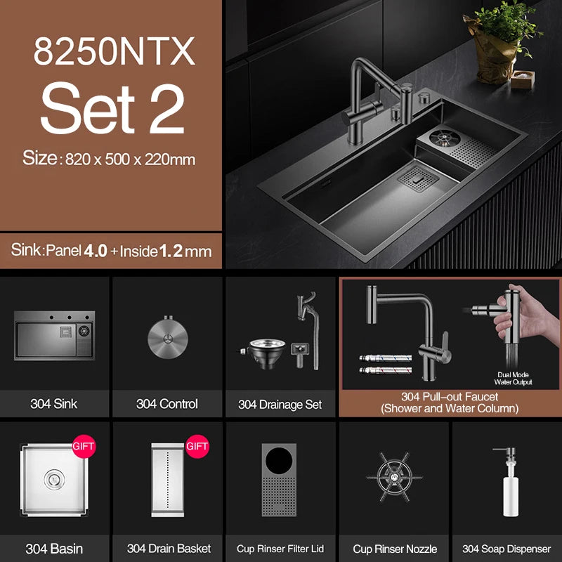 ASRAS New Waterfall Faucet Kitchen Sinks Nanometer Large Size 4mm Panel Handmade Sinks Cup Rinser Kitchen Sinks