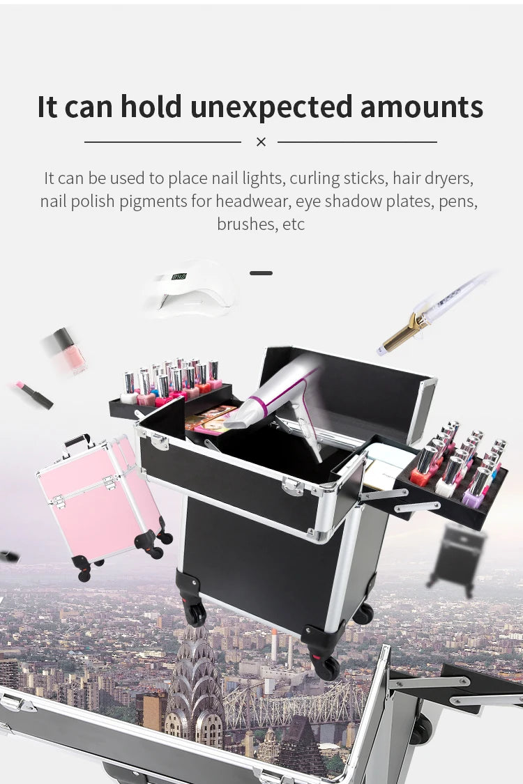 TravelRolling Makeup Train Case Large Capacity Cosmetic Trolley, Aluminum Professional Travel Case with Key.
