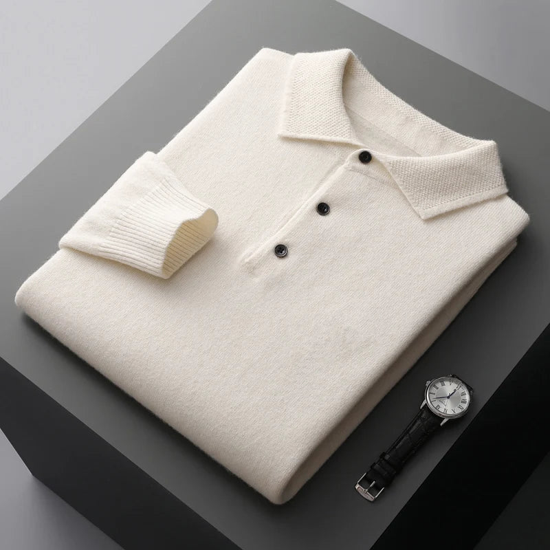 2025 Men's Autumn And Winter 100% Merino Pure Wool Knitted Sweater Men's Business Casual Knitted Polo Collar Pullover Top YJ1815