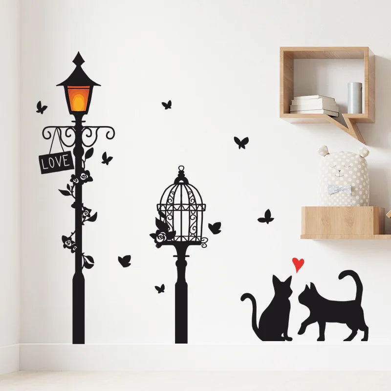 Cartoon Street Lamp Cat Wall Sticker Living Room Entrance Background Home Decoration Bedroom Decor Decal Self Adhesive Wallpaper.