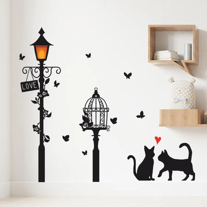 Cartoon Street Lamp Cat Wall Sticker Living Room Entrance Background Home Decoration Bedroom Decor Decal Self Adhesive Wallpaper.
