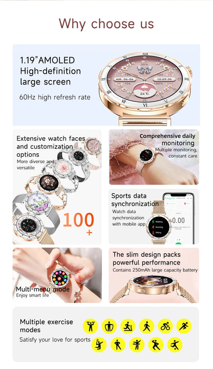 LIGE Luxury 1.19” AMOLED Screen Smart Watch Women Health Monitor Women's Wristwatch Bluetooth Call Waterproof Ladies Smartwatch.