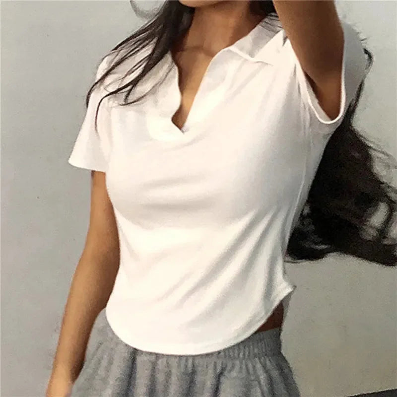 Summer Short Sleeve Lapel Top Women'S Solid V-Neck Pullovers Retro Sweet Shirts Hot Girl Crop Top Female Slim Versatile Tee.