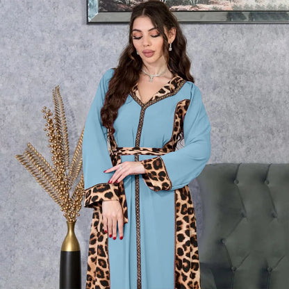 Elegantes arabisches Frauen-Partykleid, afrikanischer V-Ausschnitt, Leopardenmuster, langärmelig, Abaya, modische muslimische Dame, Urlaubskleid, islamische Kleidung.