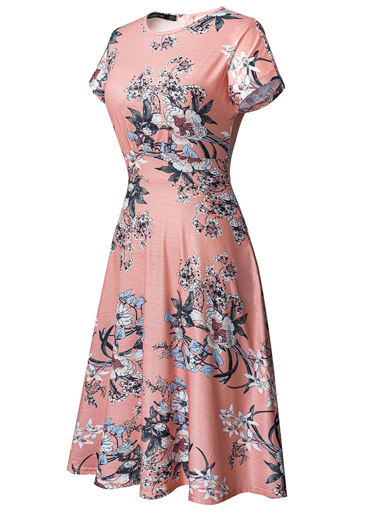 Nice-forever Vintage Elegante Blumen Druck Plissee Rundhals vestidos A-Line Pinup Business Party Frauen Flare Swing Kleid A102