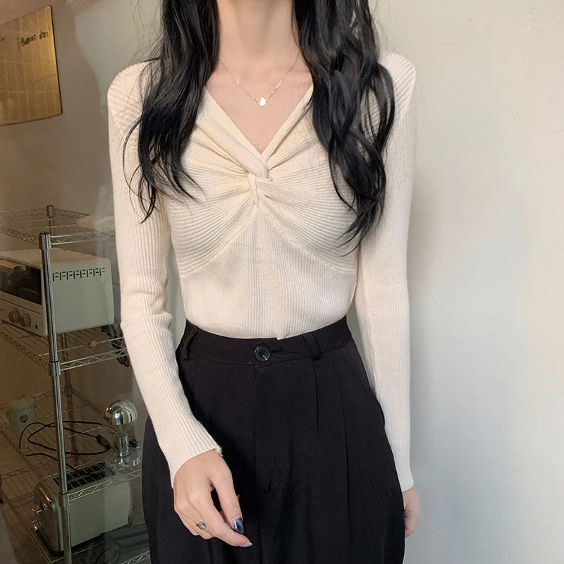 Herbst Winter Dünne Gestrickte Hemd Frauen Pullover Pullover Tops Weibliche Lange Hülse Elastische V-ausschnitt Dünne Pullover Stricken Shirts.