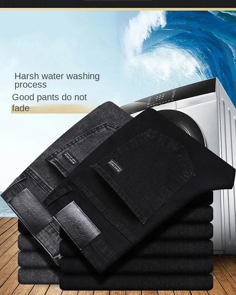 Spring Autumn New Men's Pure Black Slim Jeans Elastic Straight Pants Business Fashion Leisure Korean Vintage Denim Pants Male.