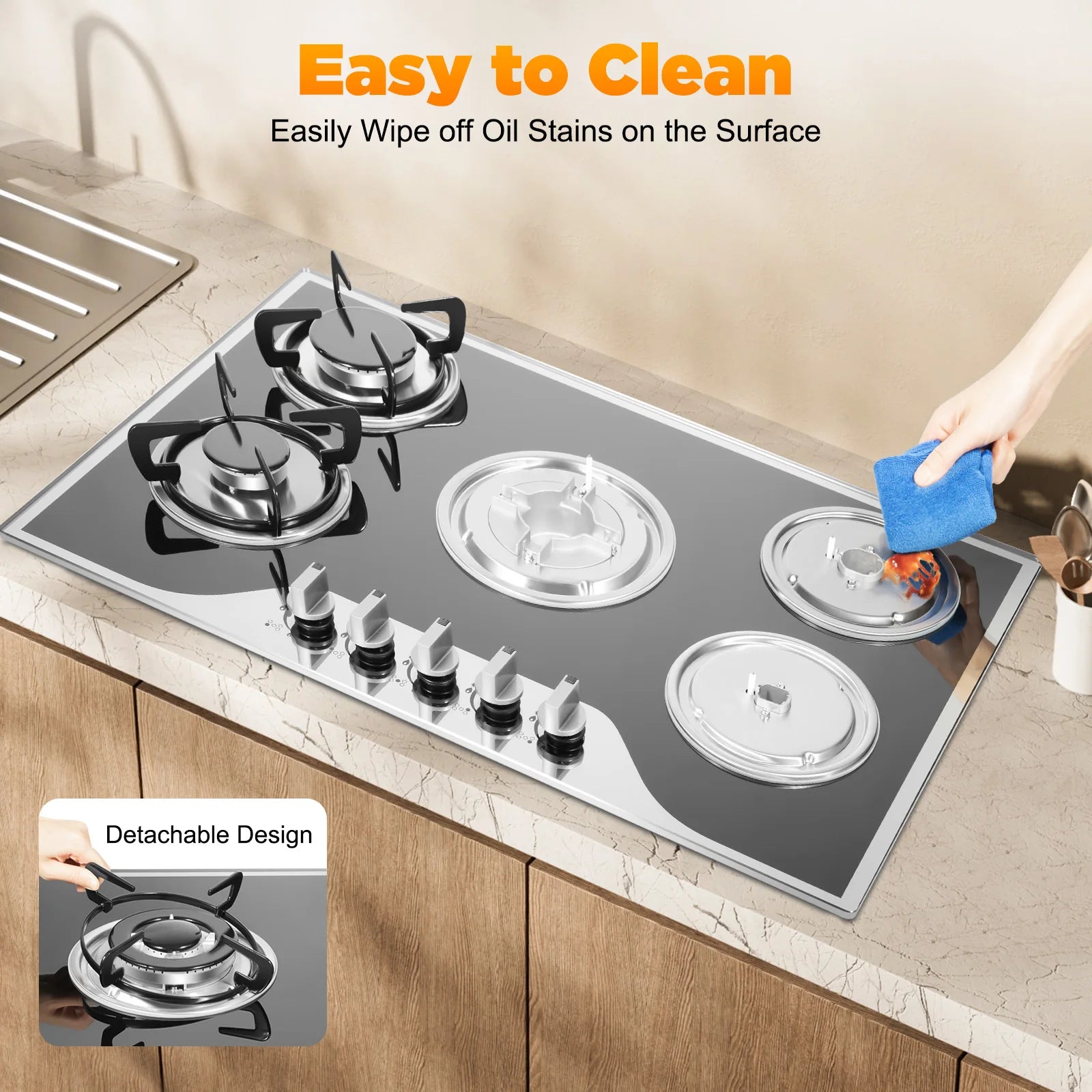 ﻿ ﻿ 5 Burner Gas Stove Glass 5-Burner Gas Hob Cooktop Hob LPG/NG for Home Commercial Kitchen.