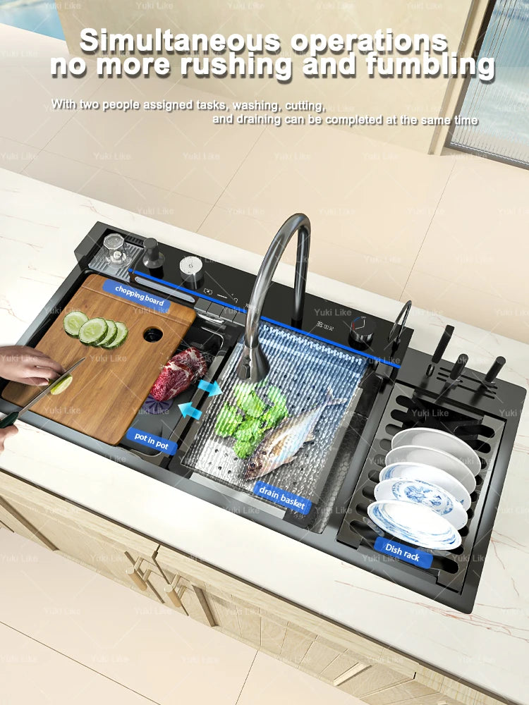 Stainless Steel Waterfall Kitchen Sink New With Draining Rack Digital Display Large Single Slot Dishwashing Sinks Wash Bowl