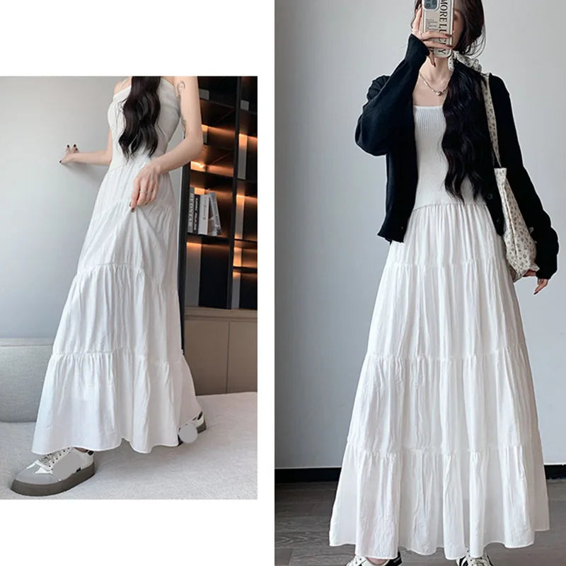 Spring Summer Women Long Skirts Fashion High Waist Elastic Patchwork A-Line Skirt Casual All-Match White Cake Maxi Skirts Female.