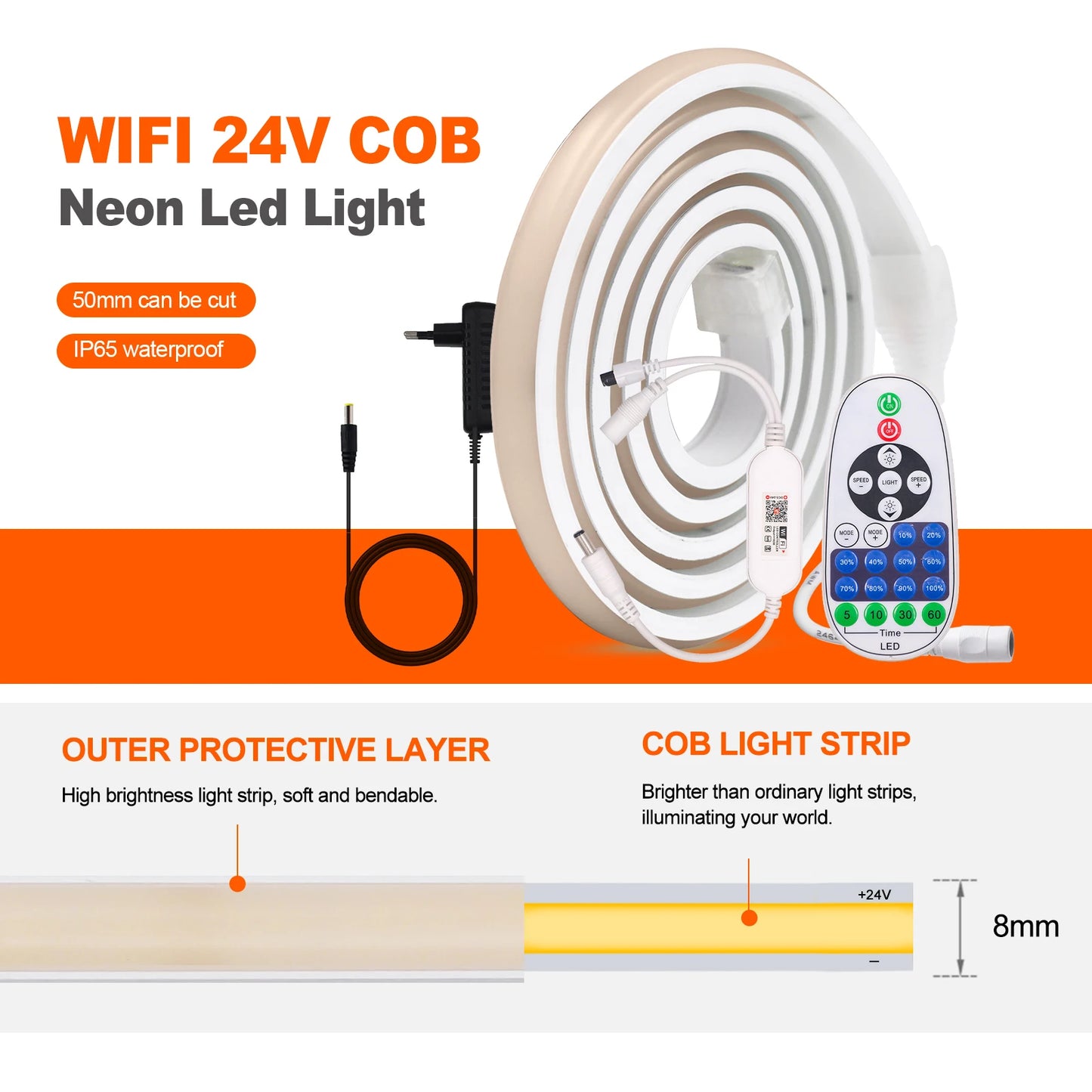 12V 24V Tuya Smart WiFi COB Neon Strip Waterproof 0.5M 5M 10M 20M 320LED/M Flexible LED Tube Tape for Kitchen Cabinet Room Decor.