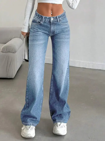 Fashionable High-Waist Straight-Leg Jeans Women's Long Pants Dragging on the Ground Old Style Decorative Zipper Closure.