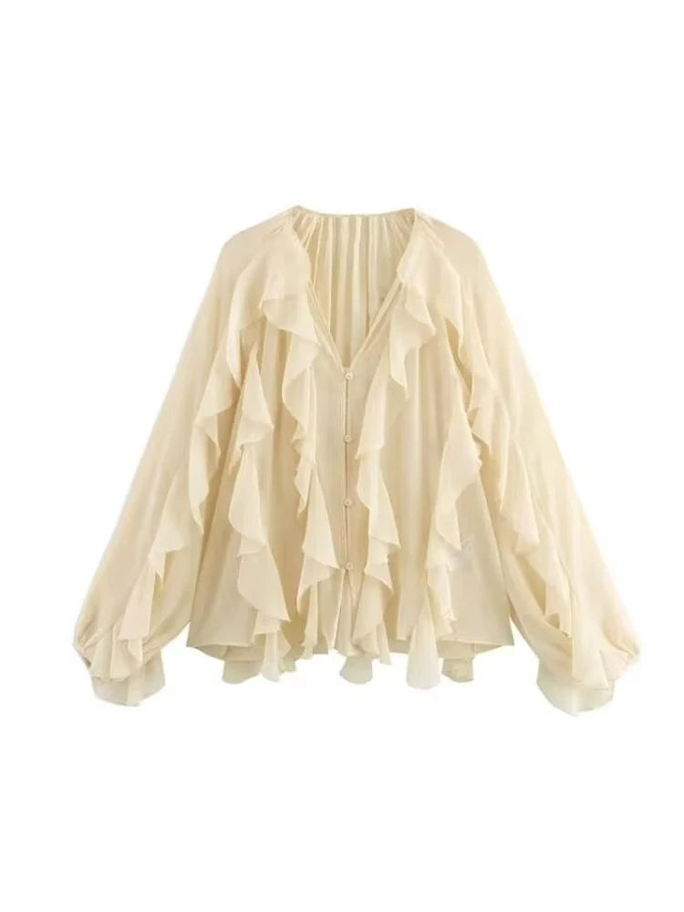 Women Fashion With Ruffles Semi-sheer Blouses V Neck Long Sleeve Button-up Female Shirts Chic Tops.