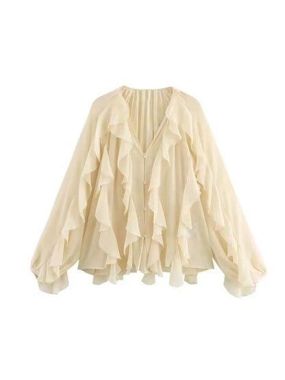 Women Fashion With Ruffles Semi-sheer Blouses V Neck Long Sleeve Button-up Female Shirts Chic Tops.