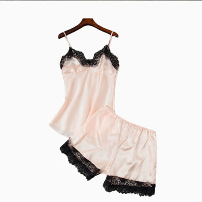 Frauen Pyjama Anzug Mode V-ausschnitt Stretch Satin Babydoll Spitze Sexy Dessous Bowknot Pyjamas Schlaf Shorts Set Nachtwäsche Neue.