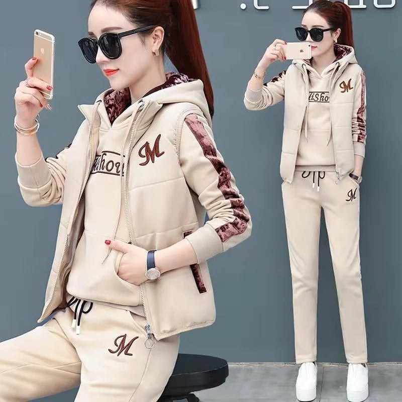 2024 Autumn Winter New Women's Casual Sweat Suit Fashion Plush Thickened Hooded Tops Waistcoat Pants 3 Three Piece Set For Women.
