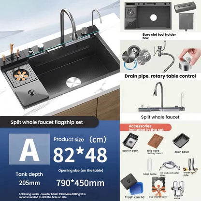 Large Single Slot Waterfall Stainless Steel Kitchen Sink With a Knife Holder and Trash Can Household Vegetable Washer Basin